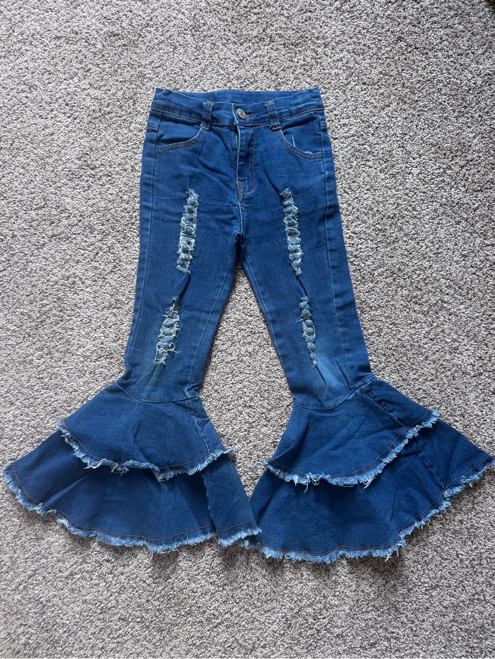 Girls Dark Blue Ruffled Bell Bottom Distressed Jeans 6-7T